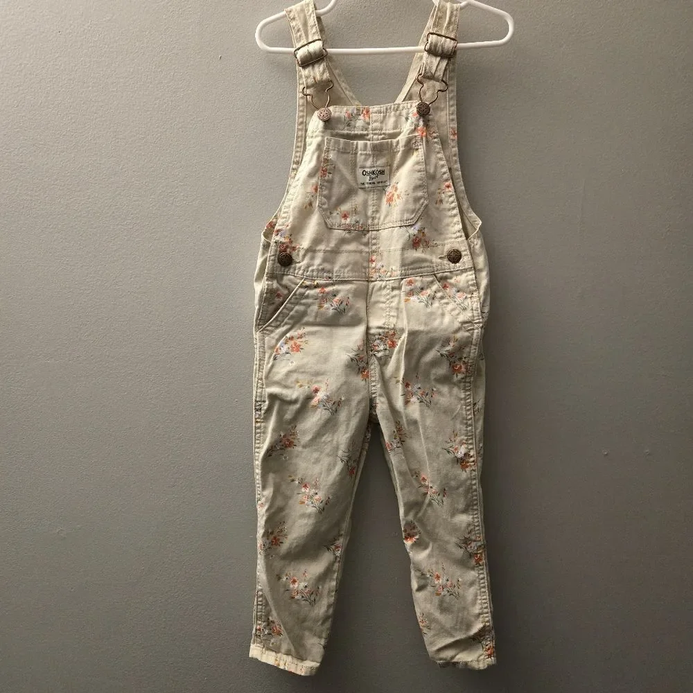 Oshkosh B'Gosh Toddler Girls Classic Floral Overalls Beige 100% Cotton Size 3T